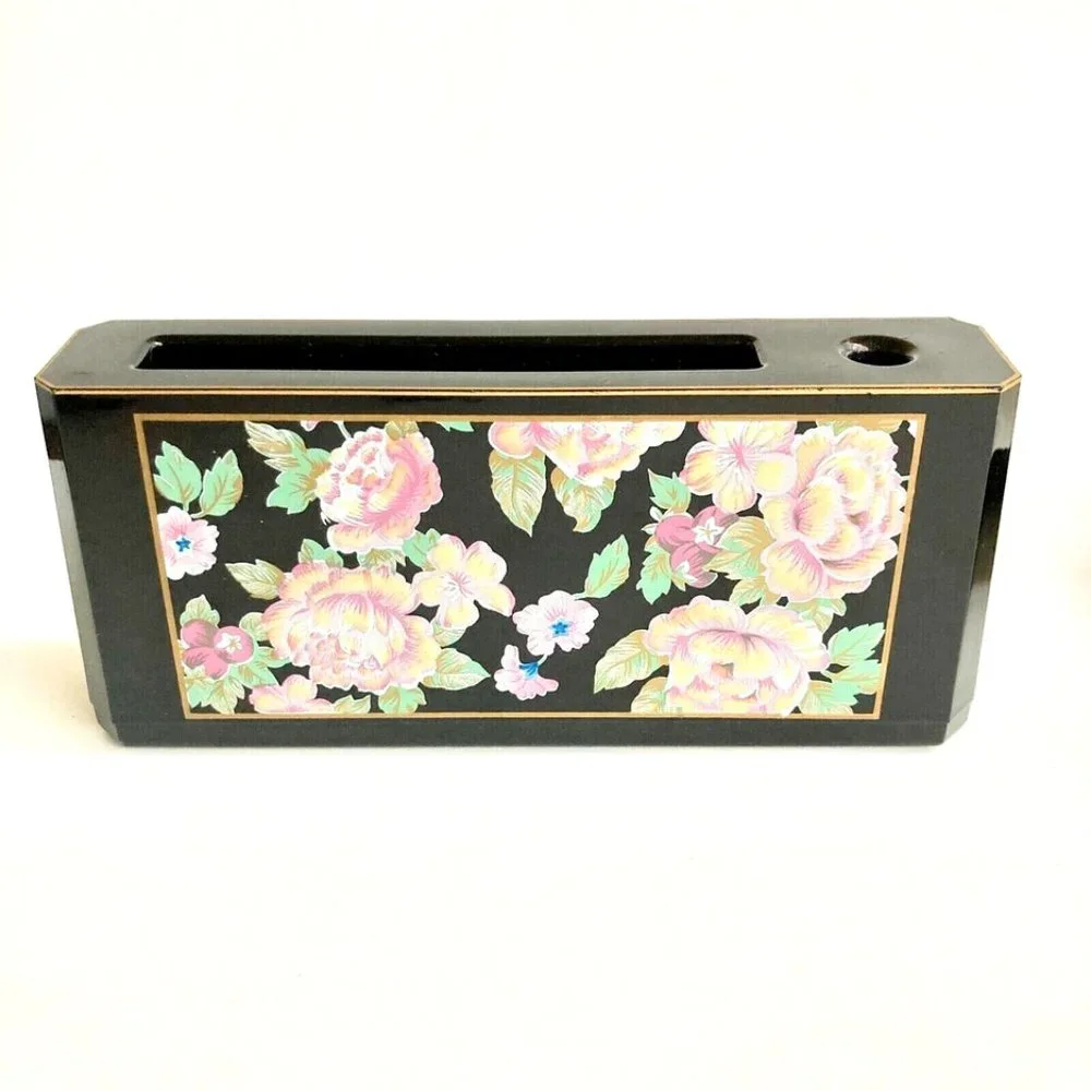 Vintage Otagiri Black Lacquer Peony Flower Pen Pencil Paper Holder Desk Set